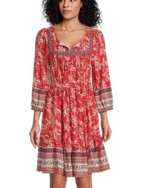 Beach Lunch Lounge Bell Peasant Top Border Dress Red Floral Size M
